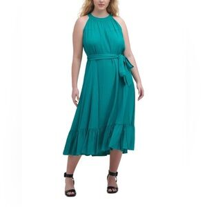 Calvin Klein Ruffled Turquoise Green Midi Dress with Halter Neck in Green Size 8